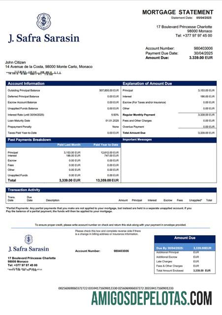 realista Monaco Banque J. Safra (Mônaco) Declaração de hipoteca Word e modelo PDF